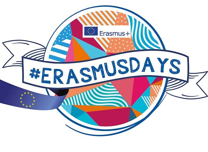 Färgglad jordglob med texten #Erasmusdays i en banderoll och EU-flaggan